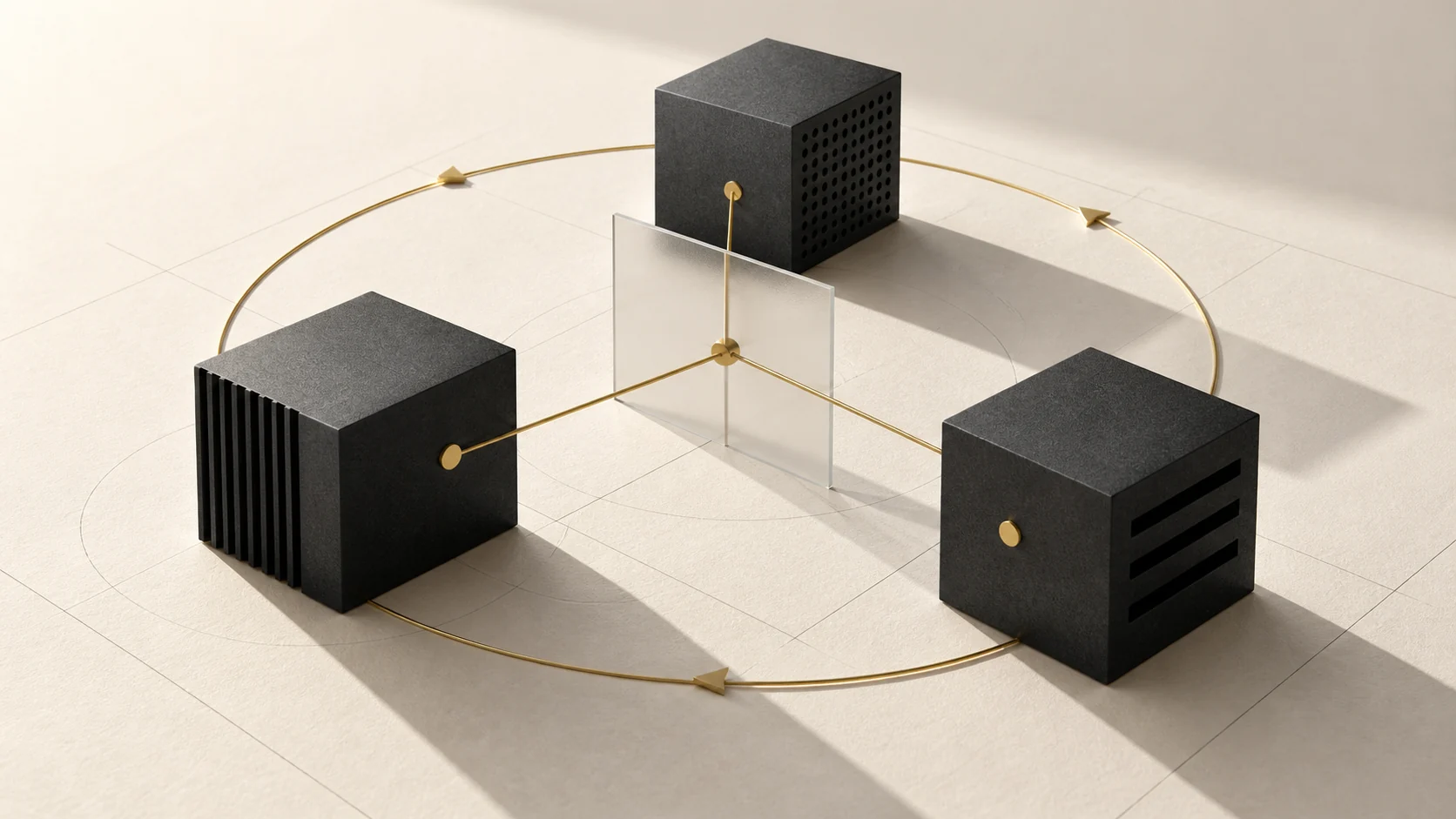 An architectural illustration of connected computing and storage modules on a pale surface
