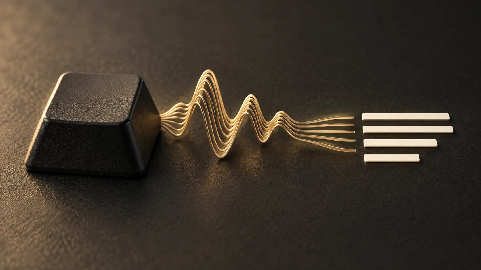 A black keyboard key connects a gold sound wave to orderly ivory marks representing text
