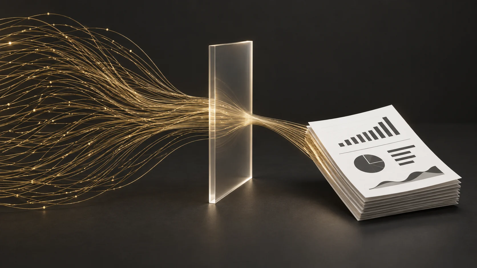 Gold data lines pass through a translucent validation plane toward a stack of report pages